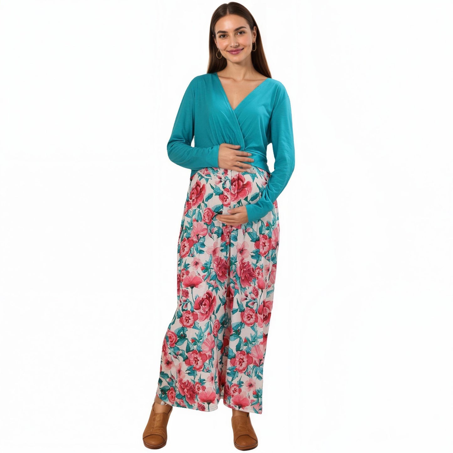 Long Sleeve Floral Print Maternity Dresswith V-Neck Wrap Top