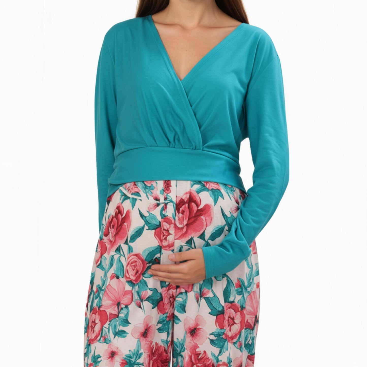 Long Sleeve Floral Print Maternity Dresswith V-Neck Wrap Top