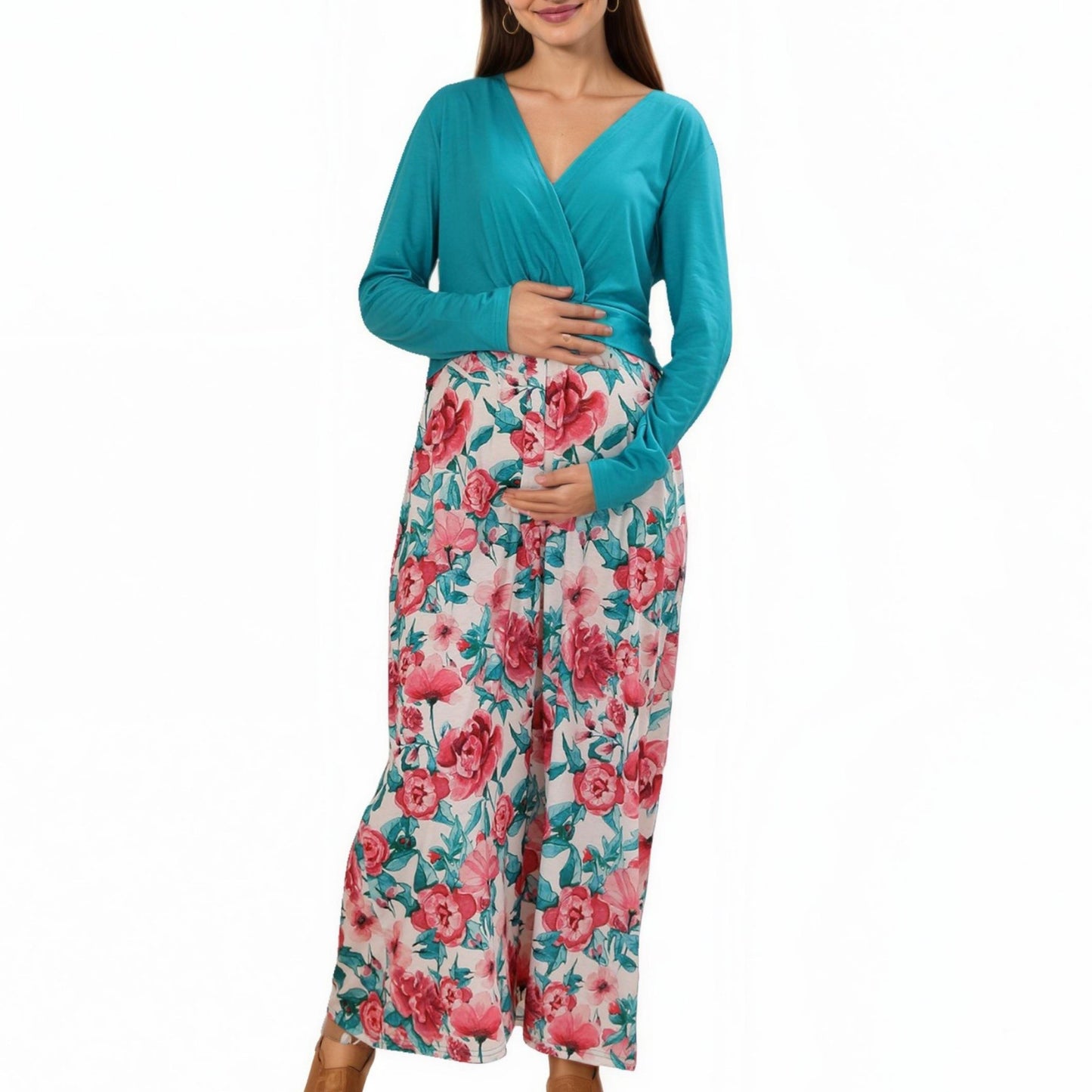 Long Sleeve Floral Print Maternity Dresswith V-Neck Wrap Top
