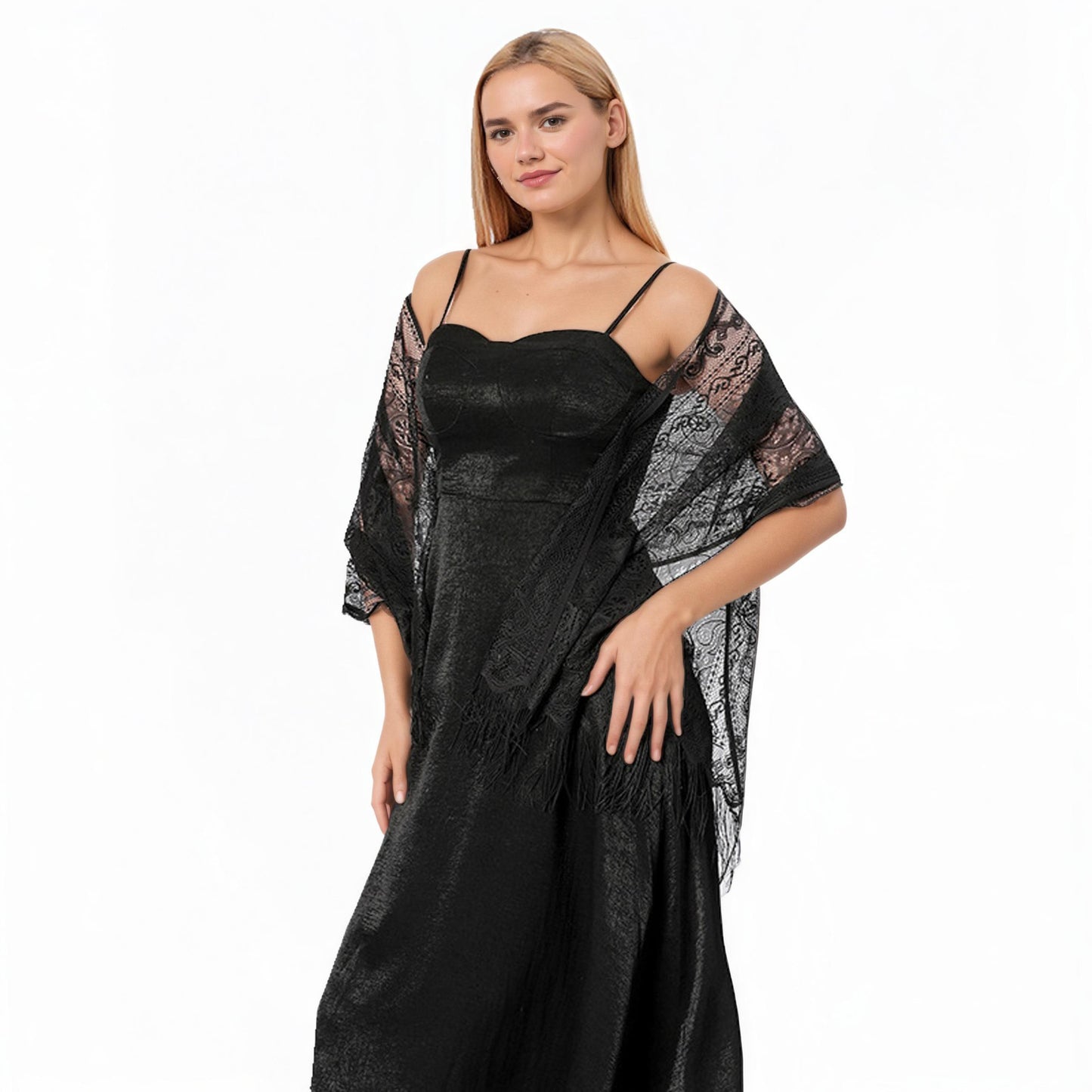 Sheer Lace Kimono Shrug with Floral Pattern and Elbow-Length Sleeves