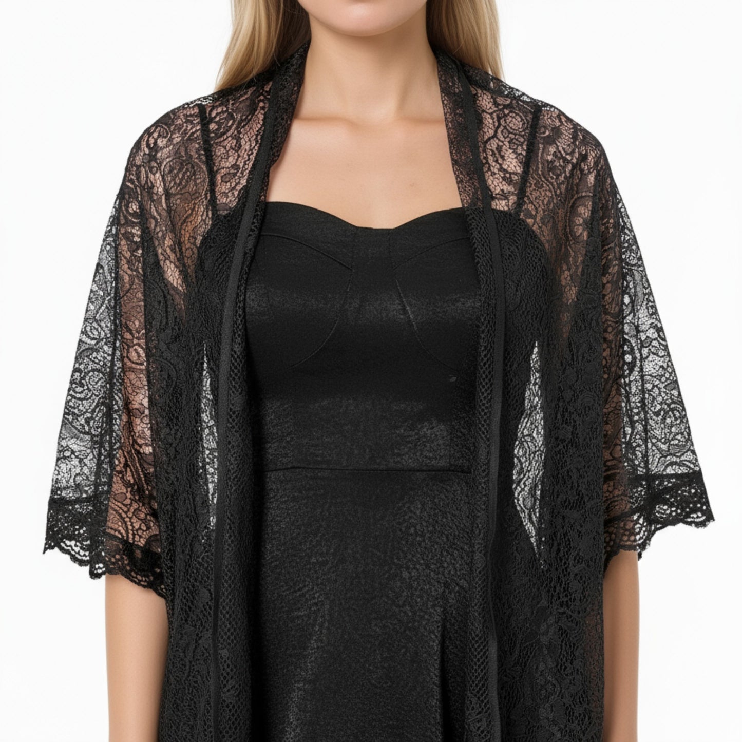 Sheer Lace Kimono Shrug with Floral Pattern and Elbow-Length Sleeves