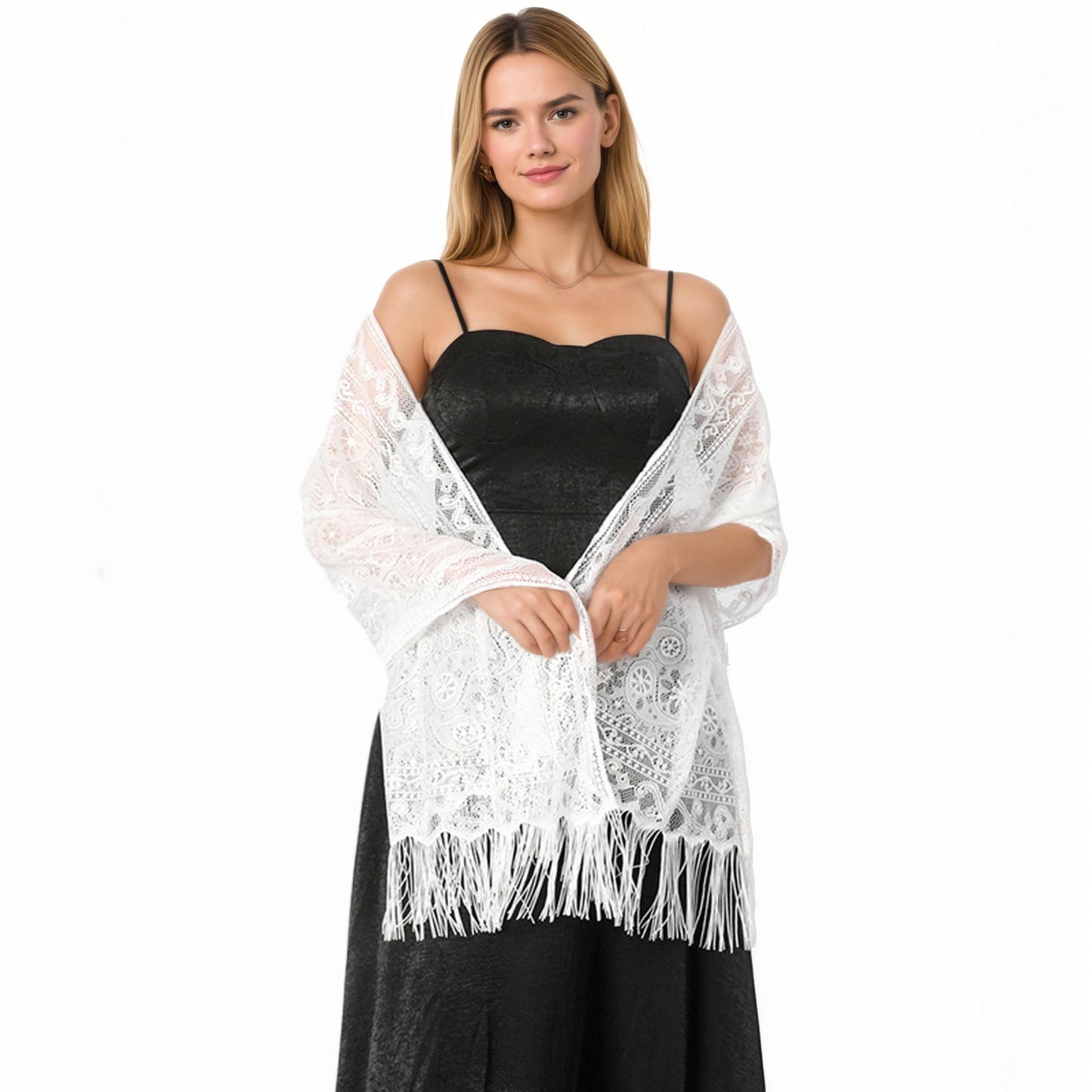 Sheer Lace Kimono Shrug with Floral Pattern and Elbow-Length Sleeves