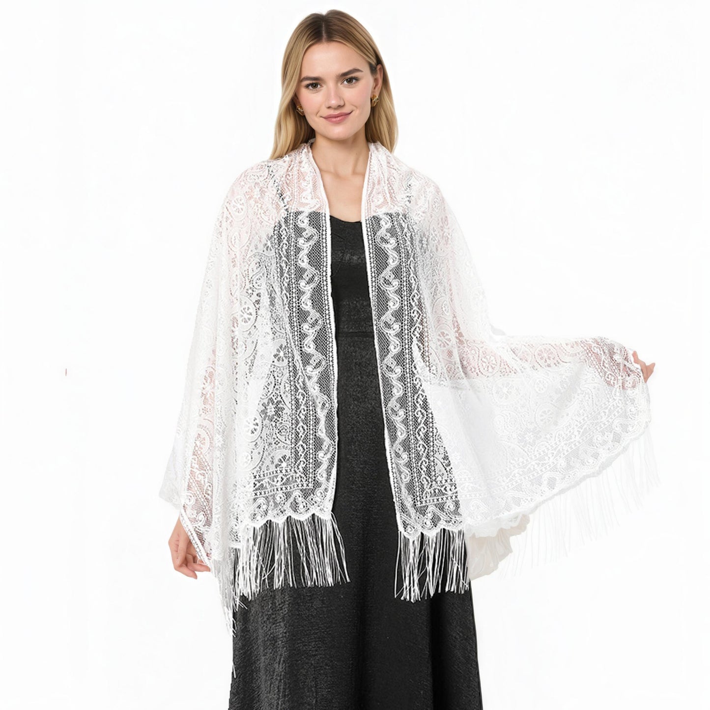 Sheer Lace Kimono Shrug with Floral Pattern and Elbow-Length Sleeves