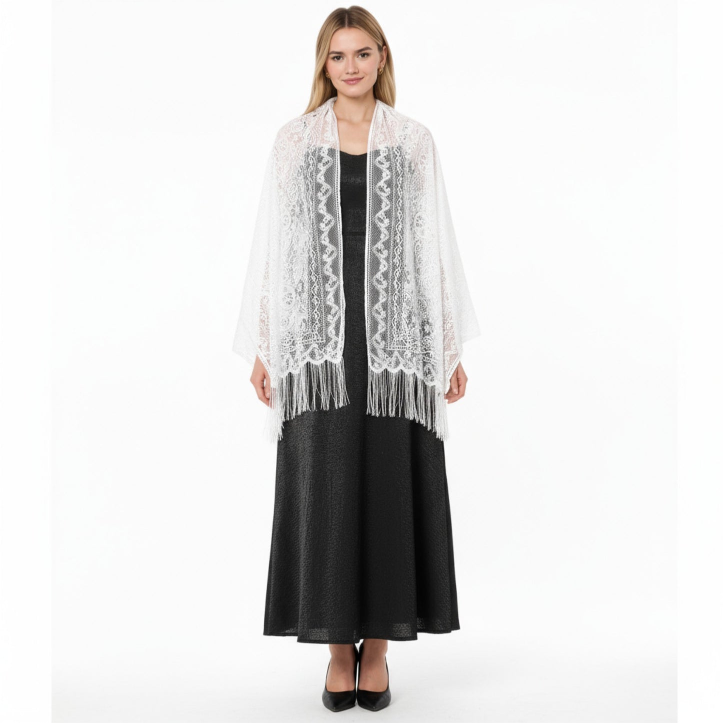 Sheer Lace Kimono Shrug with Floral Pattern and Elbow-Length Sleeves