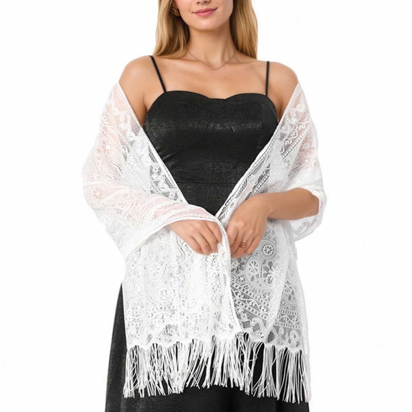 Sheer Lace Kimono Shrug with Floral Pattern and Elbow-Length Sleeves