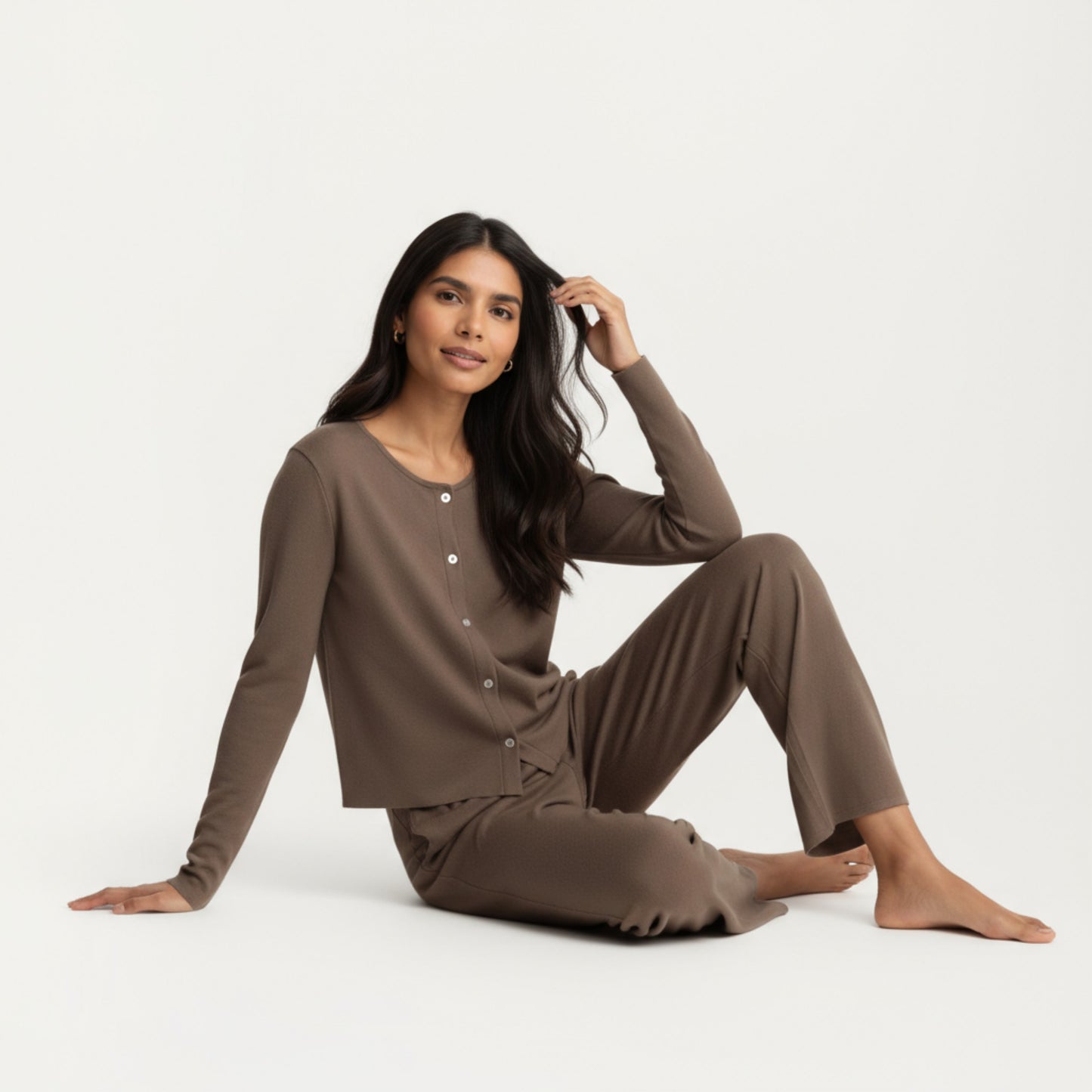 2-Piece Set Soft Knit Lounge Pants and Button-Up Cardigan with Tank Top