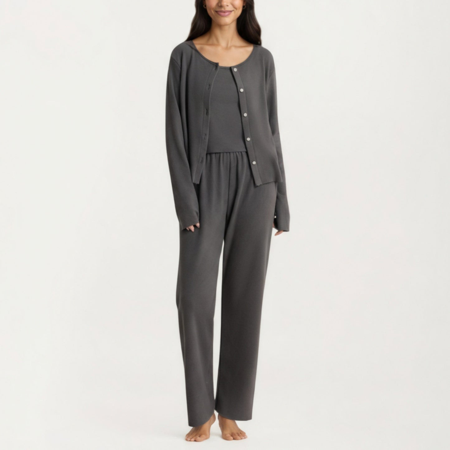 2-Piece Set Soft Knit Lounge Pants and Button-Up Cardigan with Tank Top