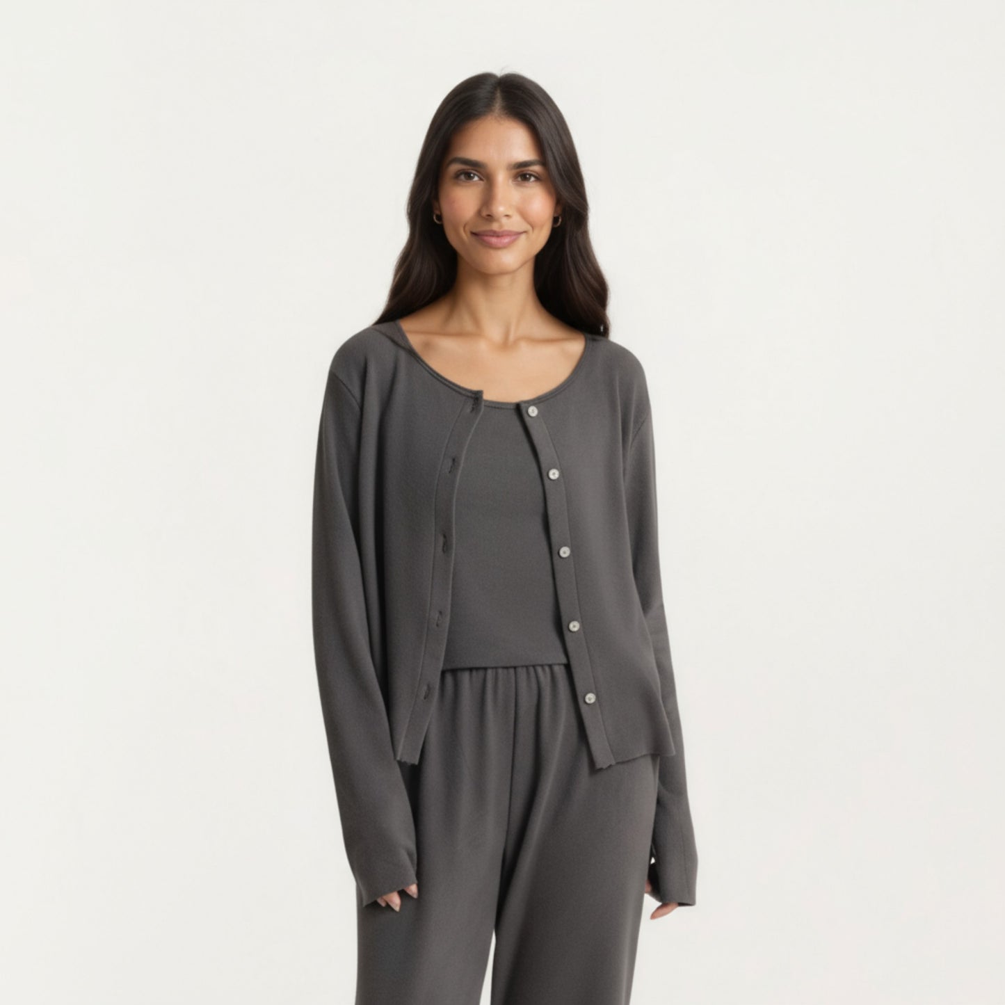 2-Piece Set Soft Knit Lounge Pants and Button-Up Cardigan with Tank Top