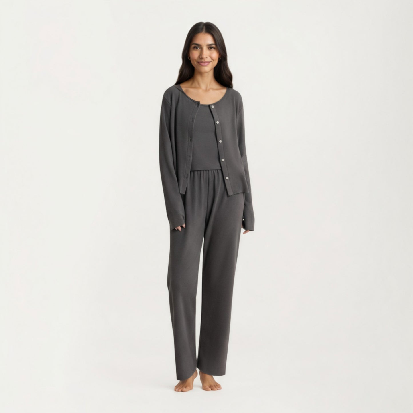 2-Piece Set Soft Knit Lounge Pants and Button-Up Cardigan with Tank Top