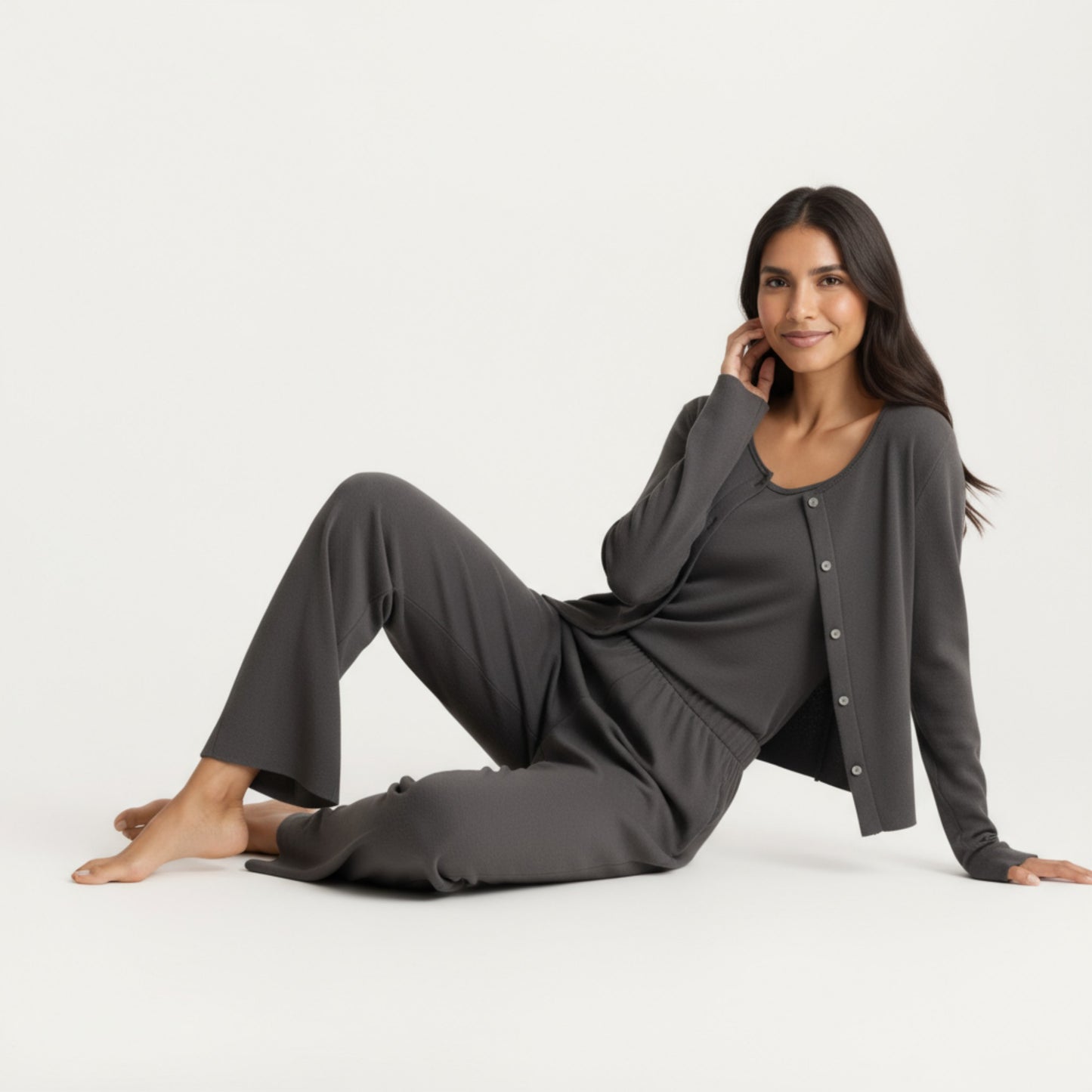 2-Piece Set Soft Knit Lounge Pants and Button-Up Cardigan with Tank Top