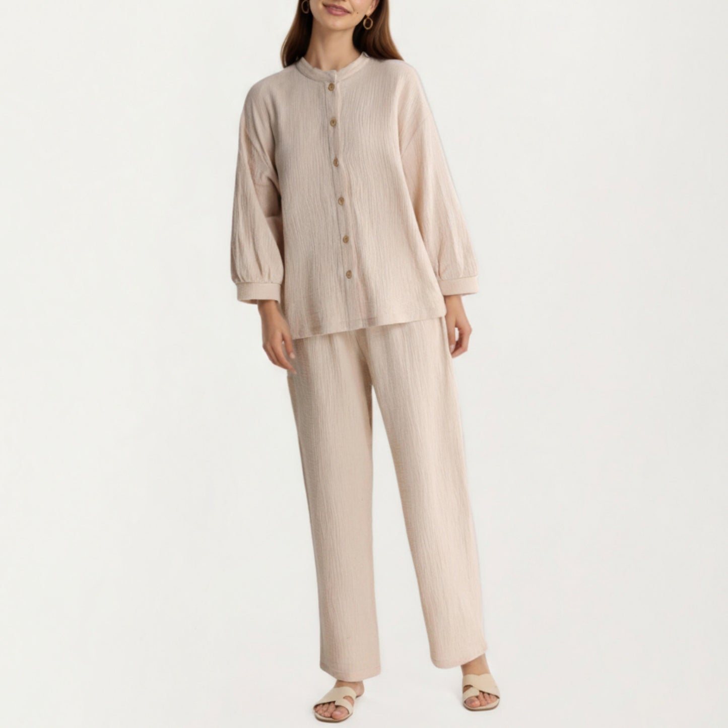 2-Piece Set Button-Up Textured Top with Balloon Sleeves and Relaxed Fit Pants