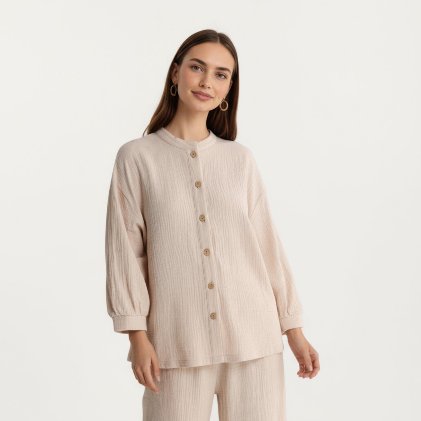 2-Piece Set Button-Up Textured Top with Balloon Sleeves and Relaxed Fit Pants