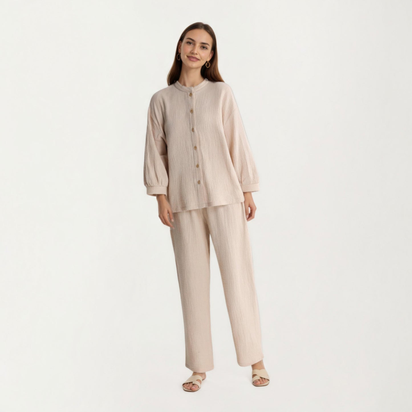 2-Piece Set Button-Up Textured Top with Balloon Sleeves and Relaxed Fit Pants