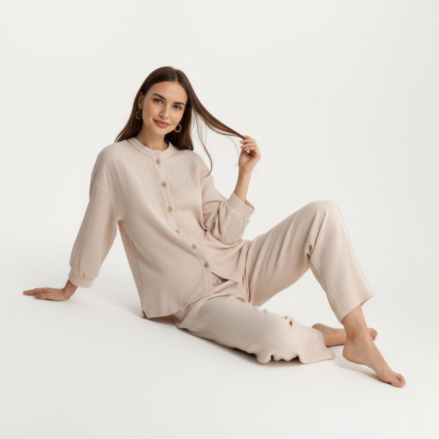 2-Piece Set Button-Up Textured Top with Balloon Sleeves and Relaxed Fit Pants