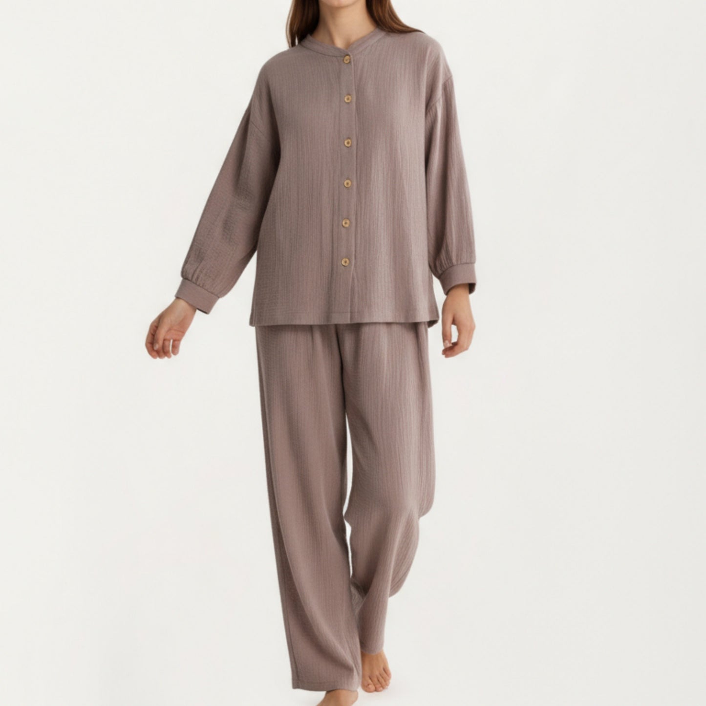 2-Piece Set Button-Up Textured Top with Balloon Sleeves and Relaxed Fit Pants