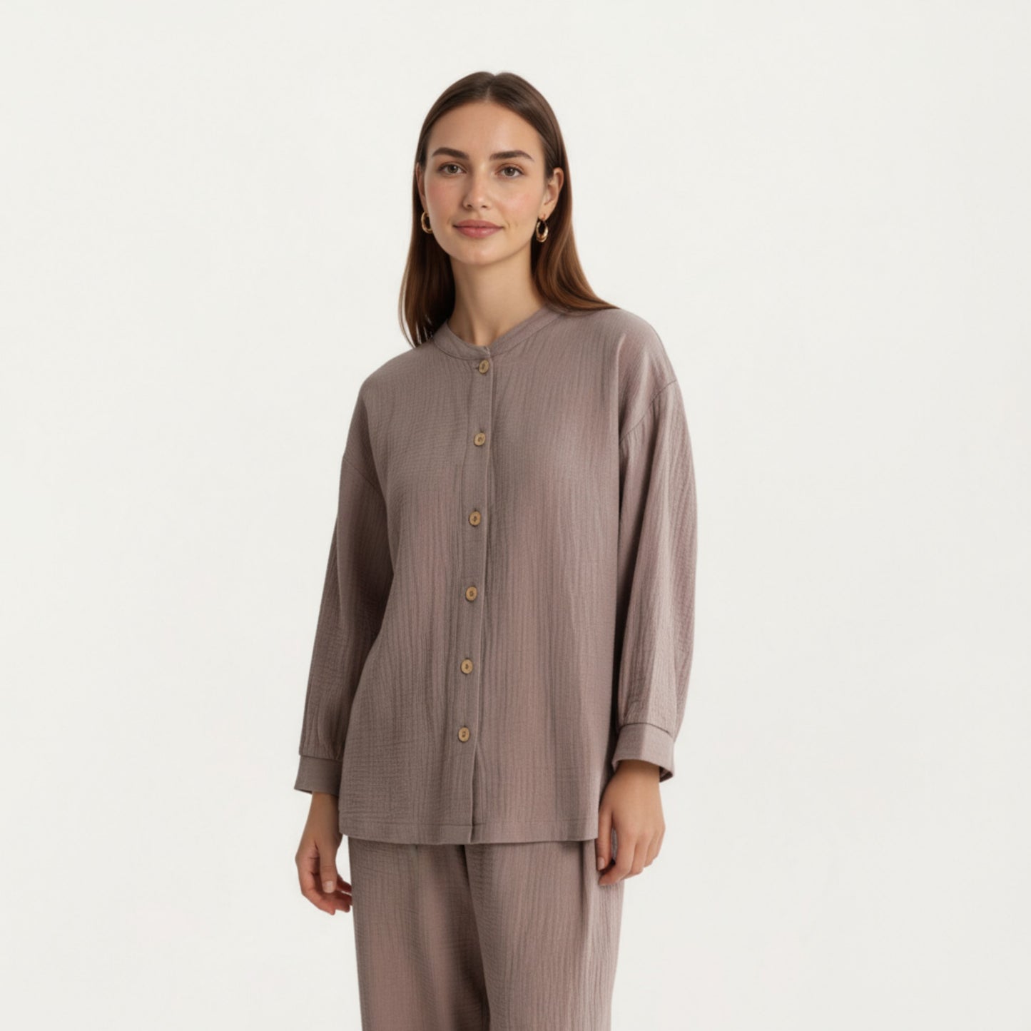 2-Piece Set Button-Up Textured Top with Balloon Sleeves and Relaxed Fit Pants