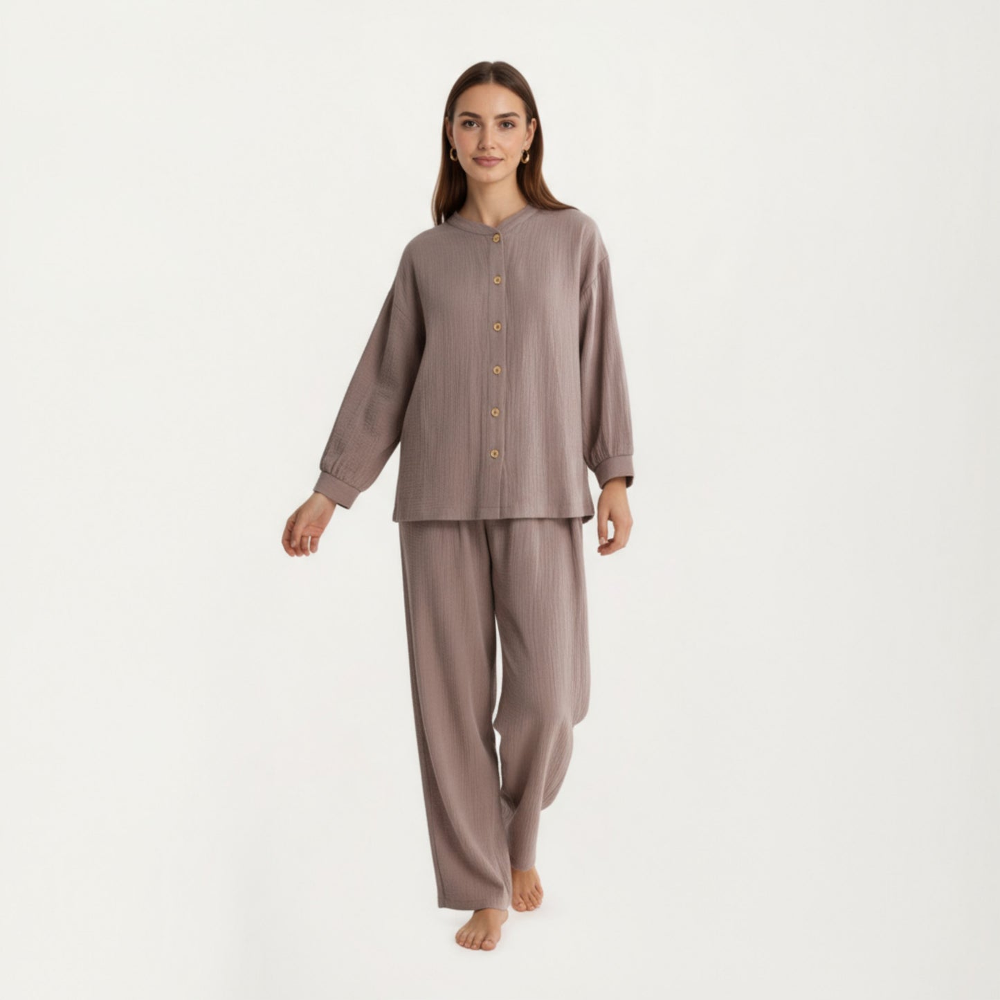 2-Piece Set Button-Up Textured Top with Balloon Sleeves and Relaxed Fit Pants