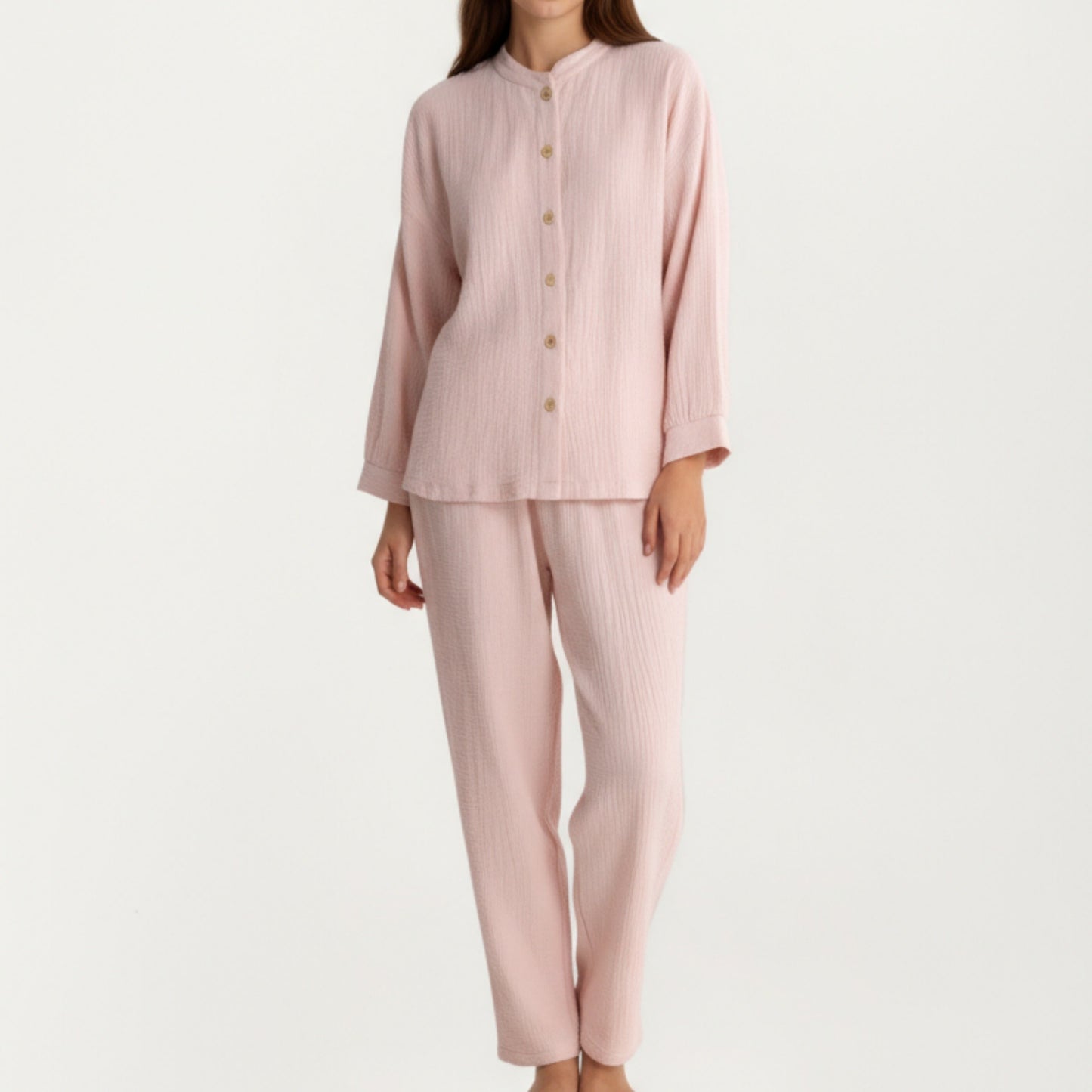2-Piece Set Button-Up Textured Top with Balloon Sleeves and Relaxed Fit Pants