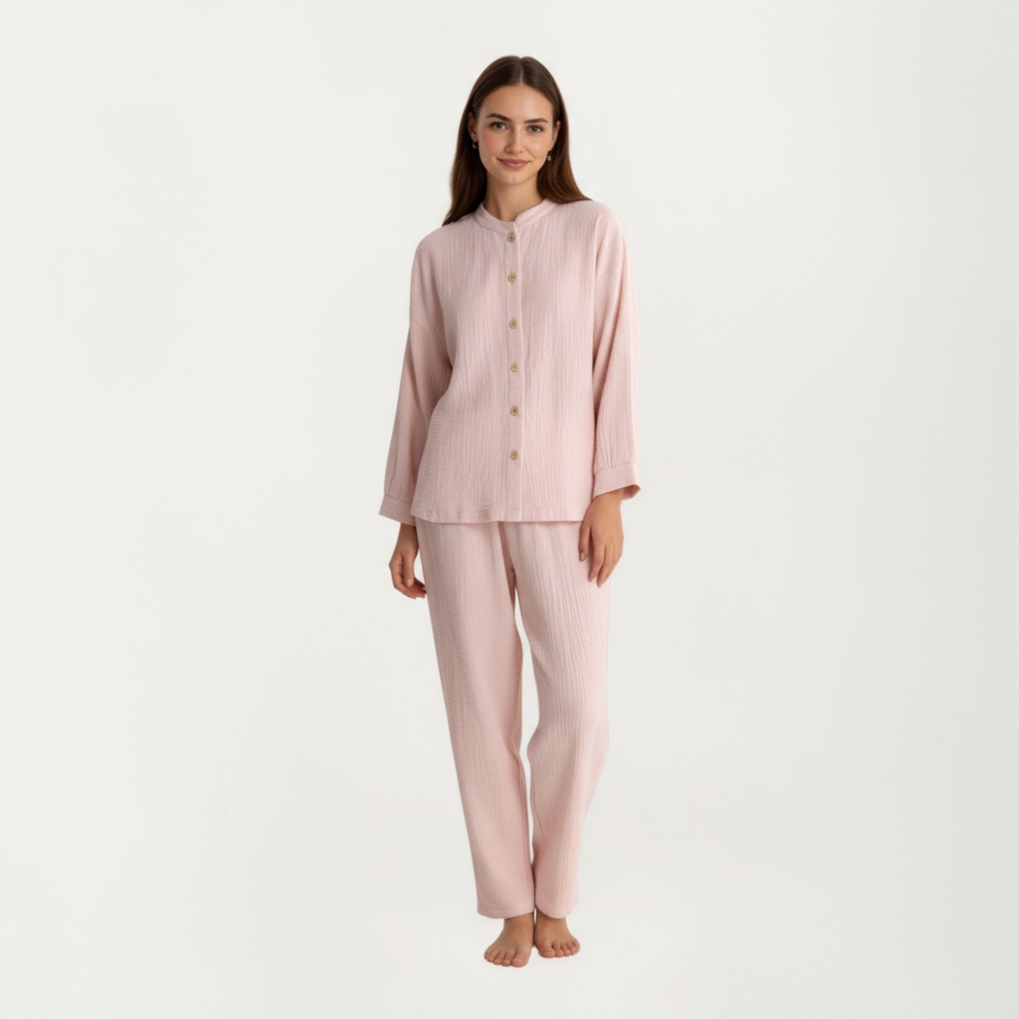 2-Piece Set Button-Up Textured Top with Balloon Sleeves and Relaxed Fit Pants