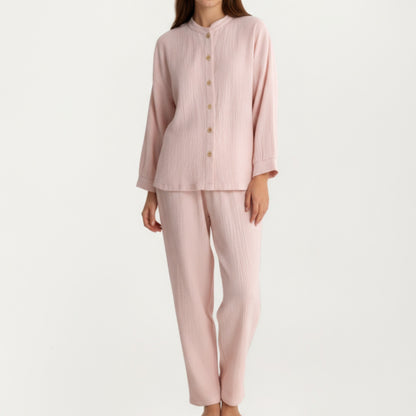 2-Piece Set Button-Up Textured Top with Balloon Sleeves and Relaxed Fit Pants