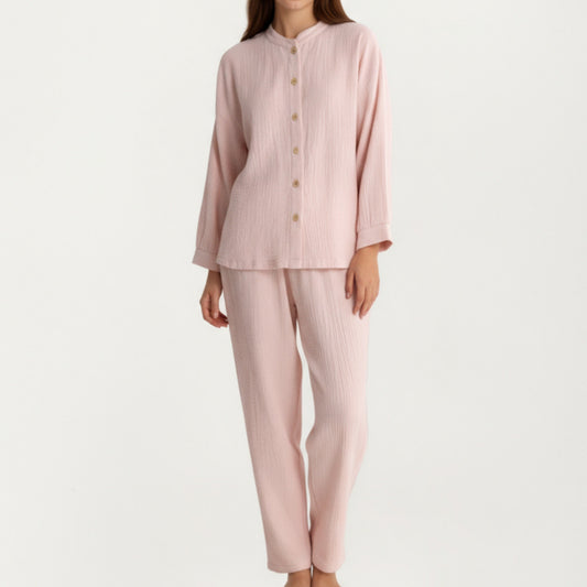 2-Piece Set Button-Up Textured Top with Balloon Sleeves and Relaxed Fit Pants