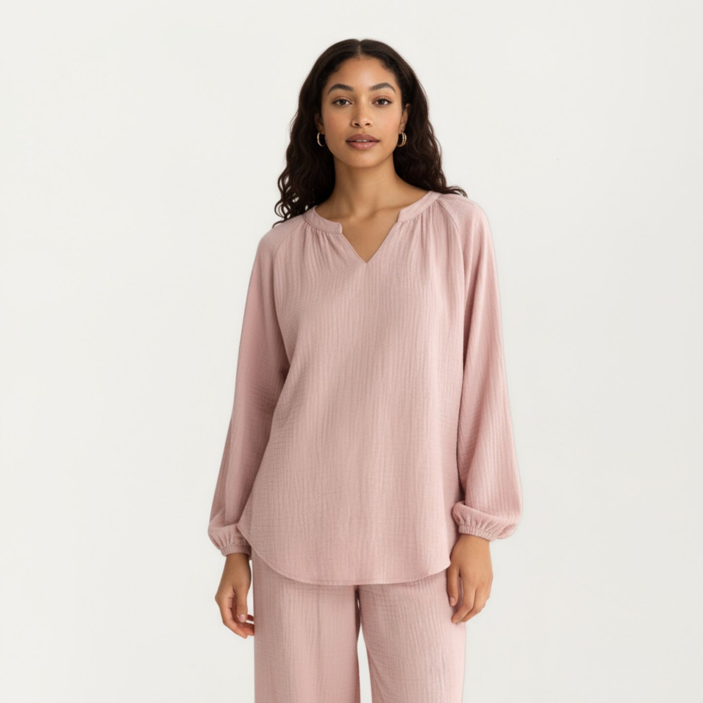 2-Piece Set Textured Long Sleeve Top with Split Neckline and Relaxed Fit Lounge Pants