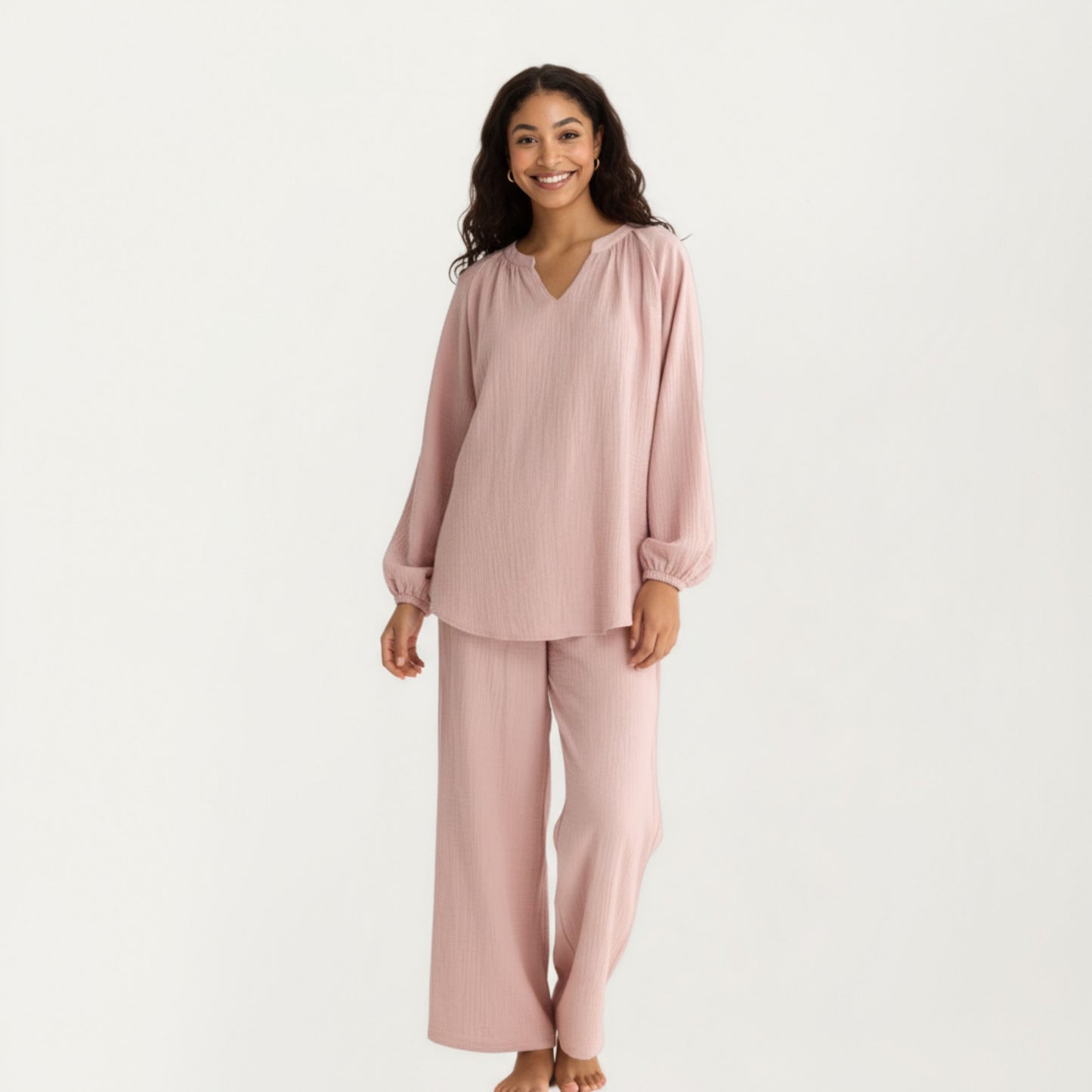 2-Piece Set Textured Long Sleeve Top with Split Neckline and Relaxed Fit Lounge Pants