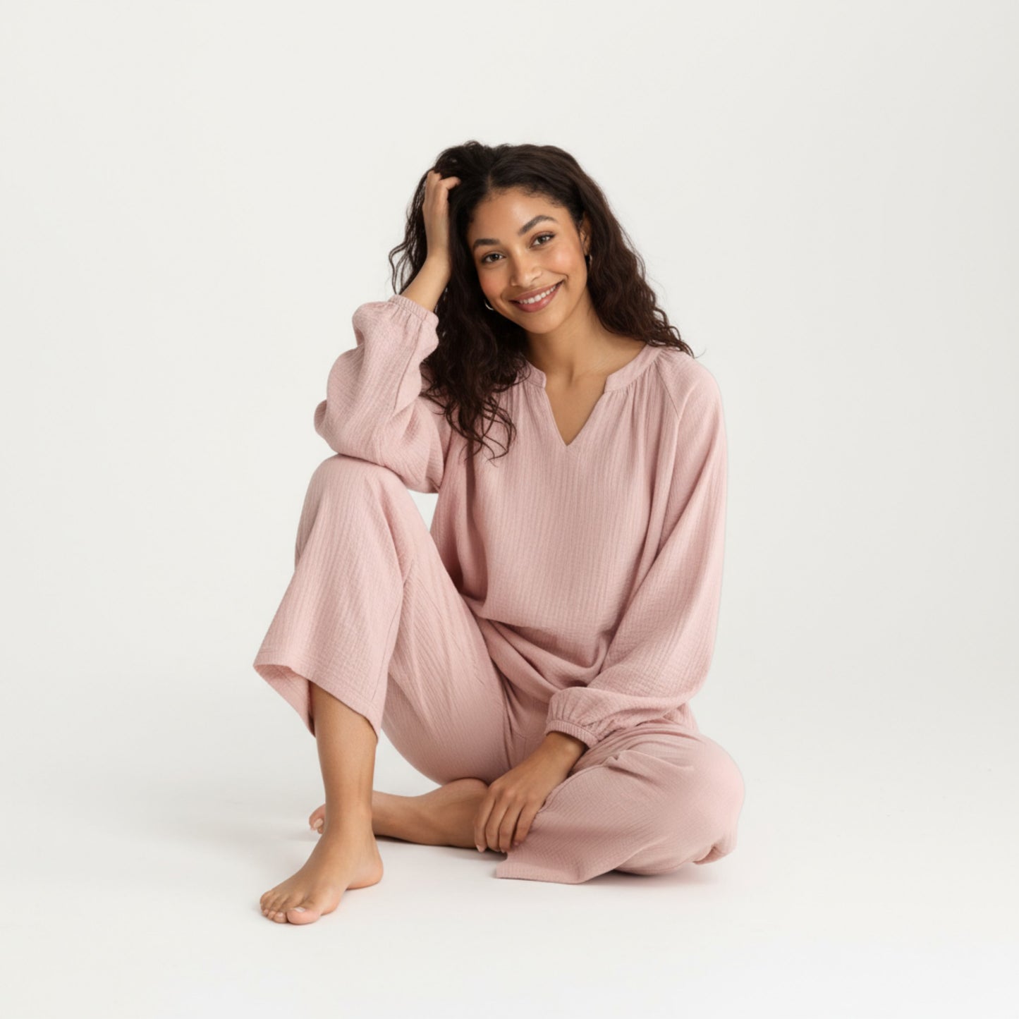 2-Piece Set Textured Long Sleeve Top with Split Neckline and Relaxed Fit Lounge Pants