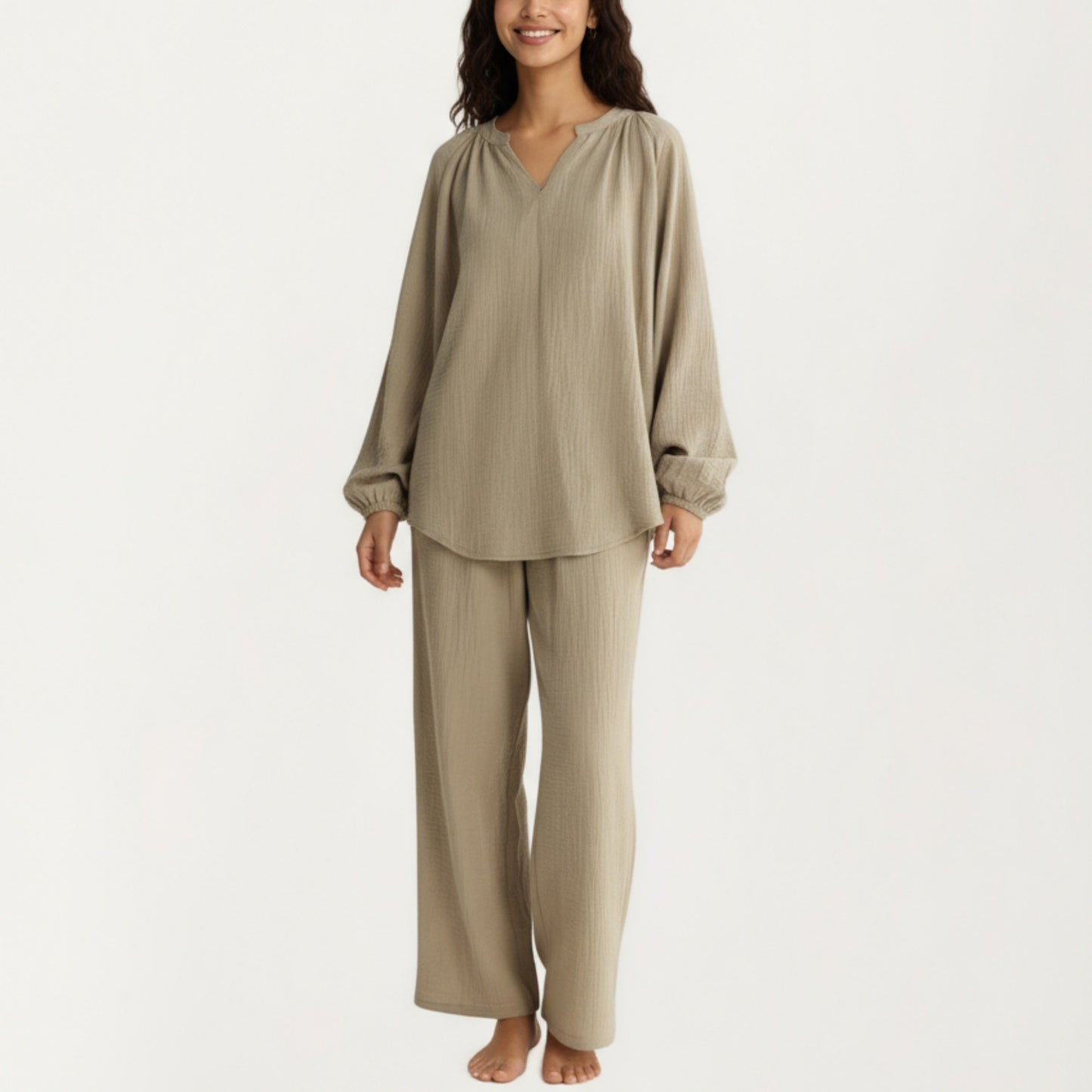 2-Piece Set Textured Long Sleeve Top with Split Neckline and Relaxed Fit Lounge Pants
