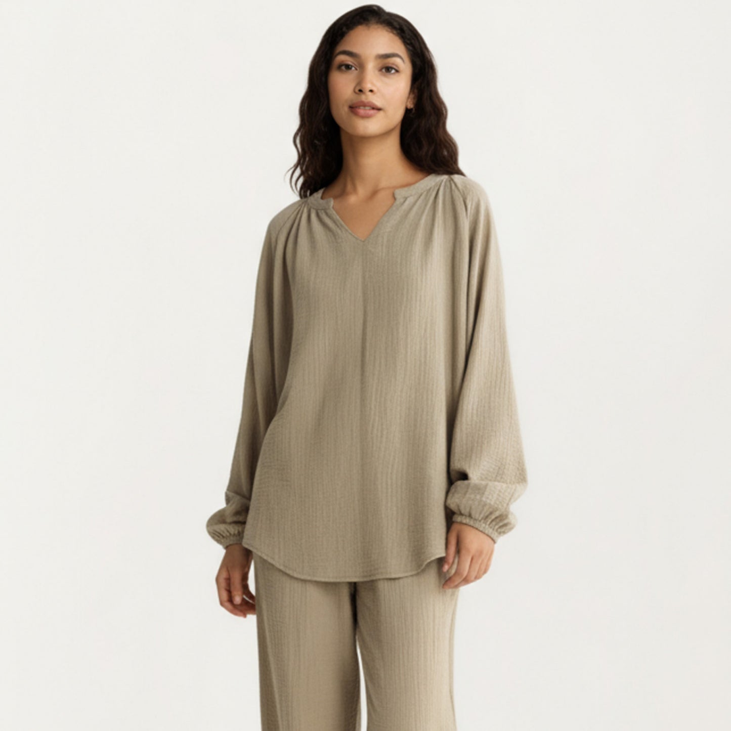 2-Piece Set Textured Long Sleeve Top with Split Neckline and Relaxed Fit Lounge Pants