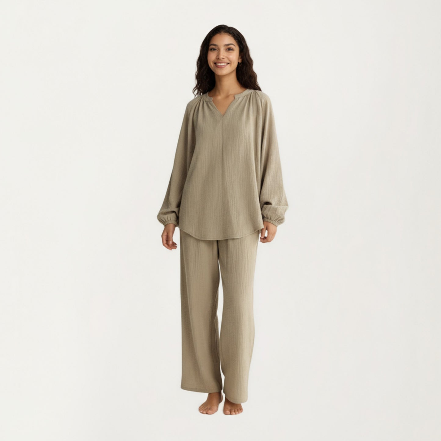 2-Piece Set Textured Long Sleeve Top with Split Neckline and Relaxed Fit Lounge Pants
