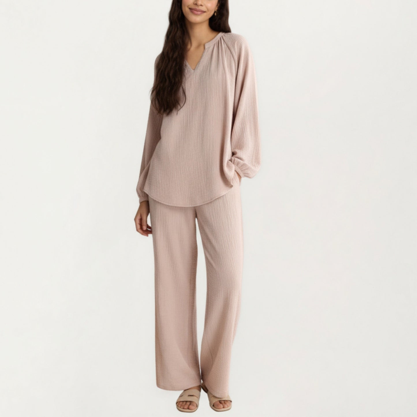 2-Piece Set Textured Long Sleeve Top with Split Neckline and Relaxed Fit Lounge Pants