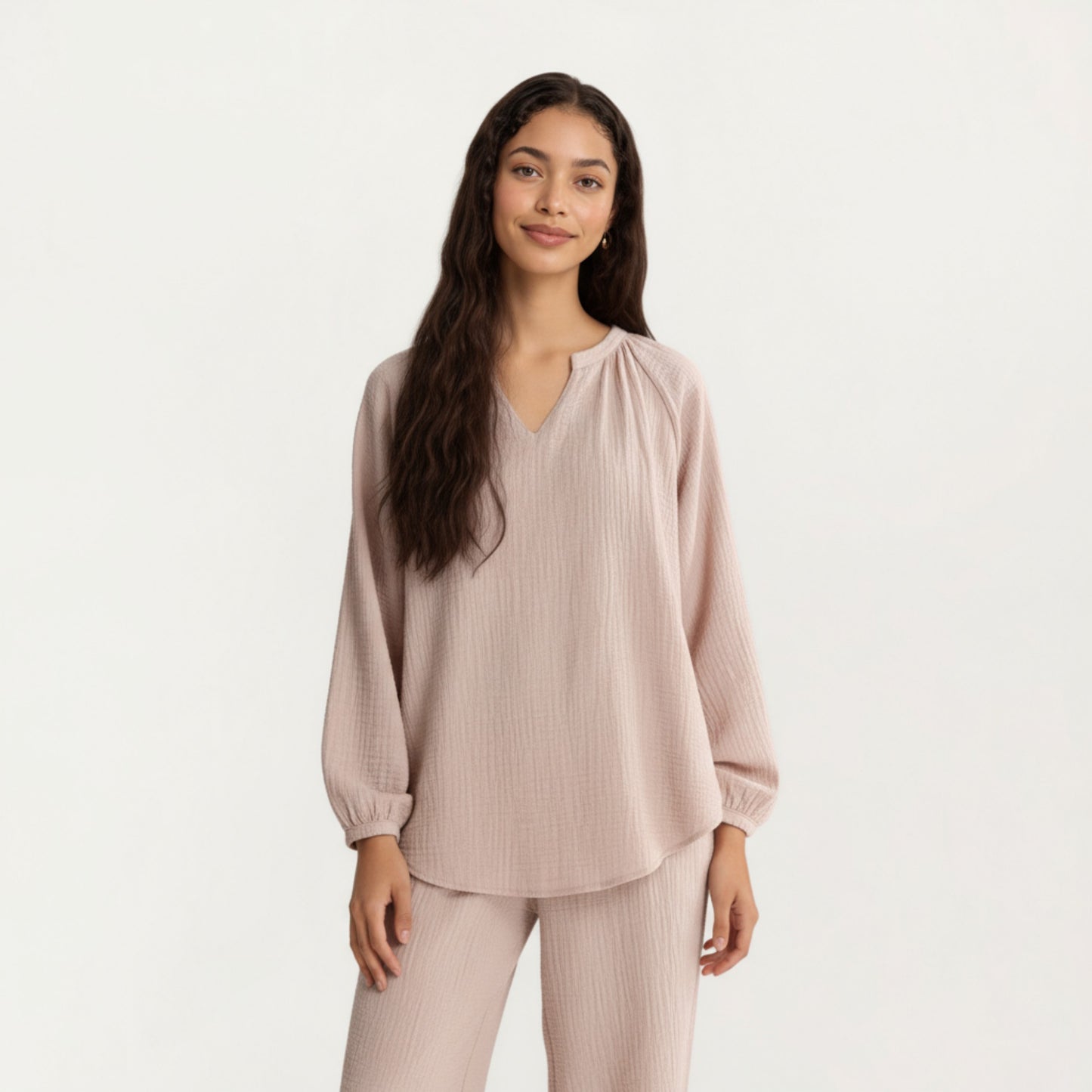 2-Piece Set Textured Long Sleeve Top with Split Neckline and Relaxed Fit Lounge Pants