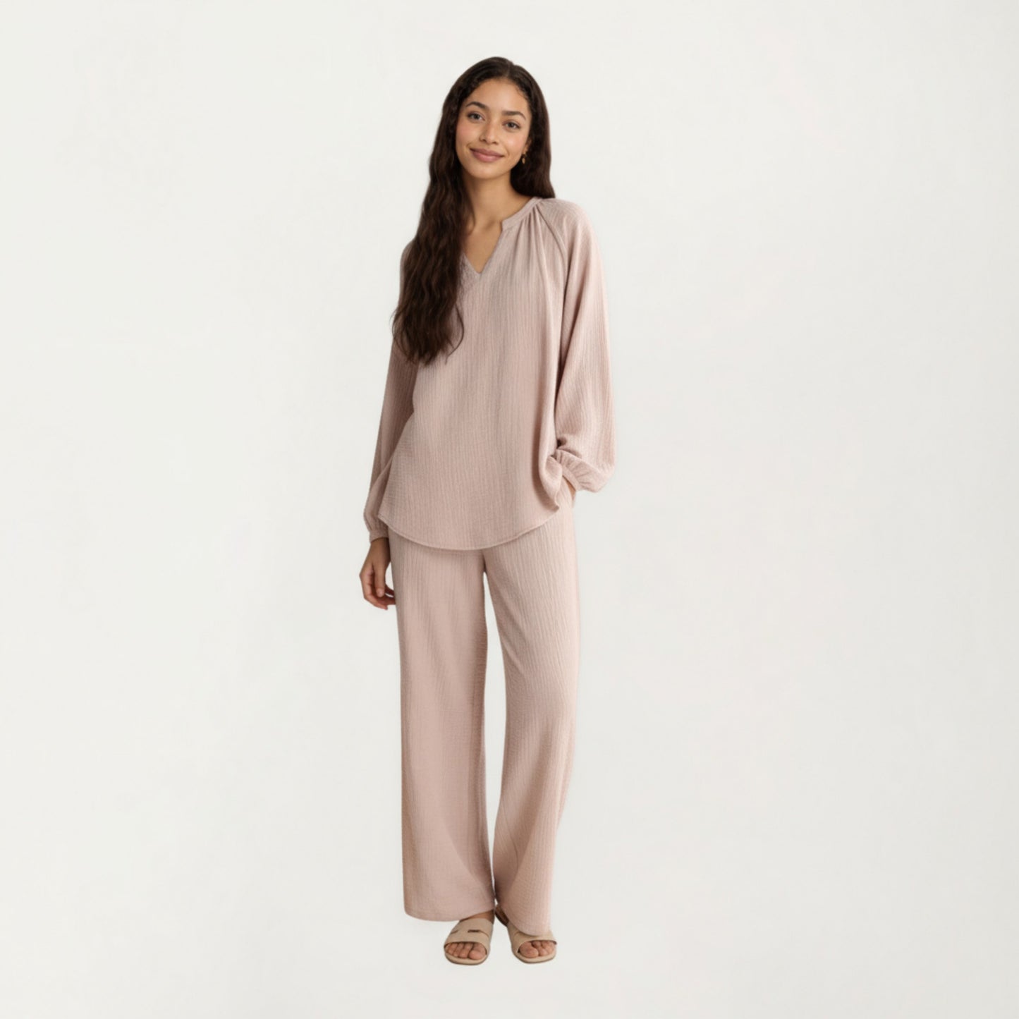 2-Piece Set Textured Long Sleeve Top with Split Neckline and Relaxed Fit Lounge Pants