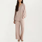 2-Piece Set Textured Long Sleeve Top with Split Neckline and Relaxed Fit Lounge Pants