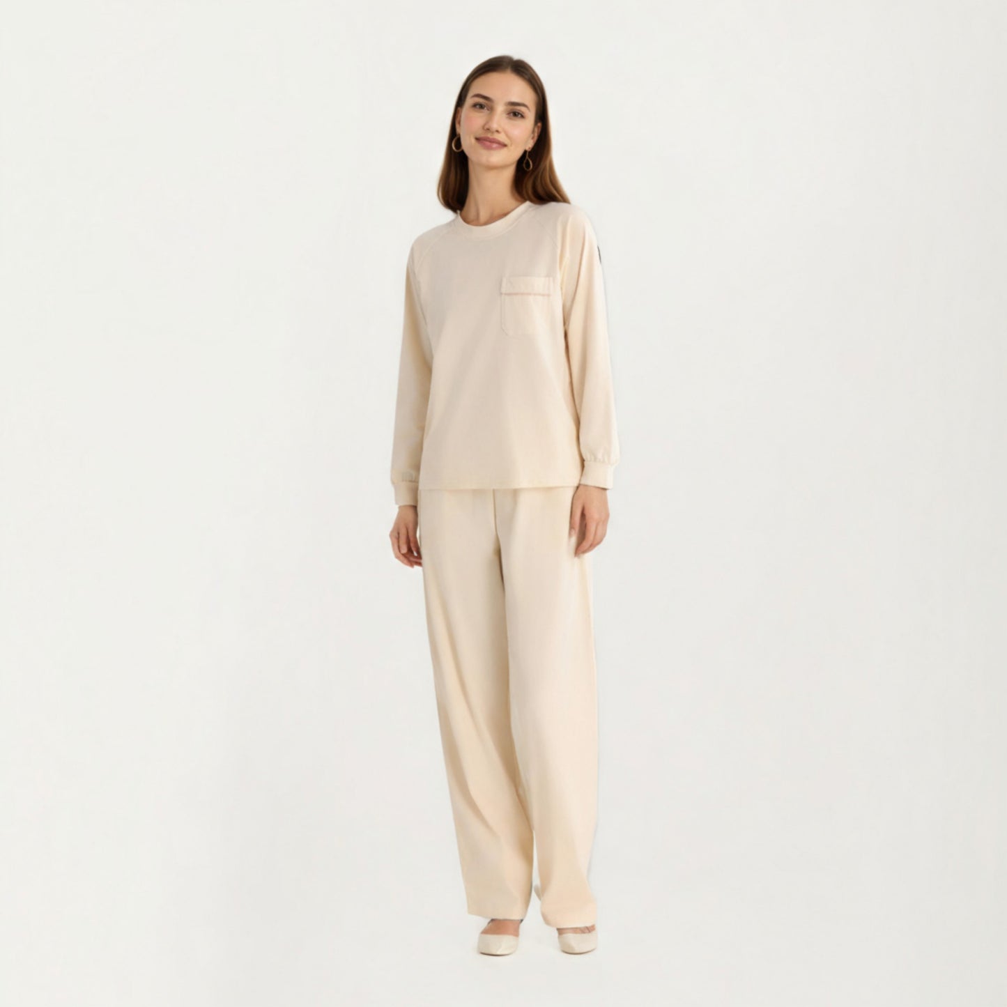 2-Piece Set Long Sleeve Top with Front Pocket and Relaxed Fit Lounge Pants
