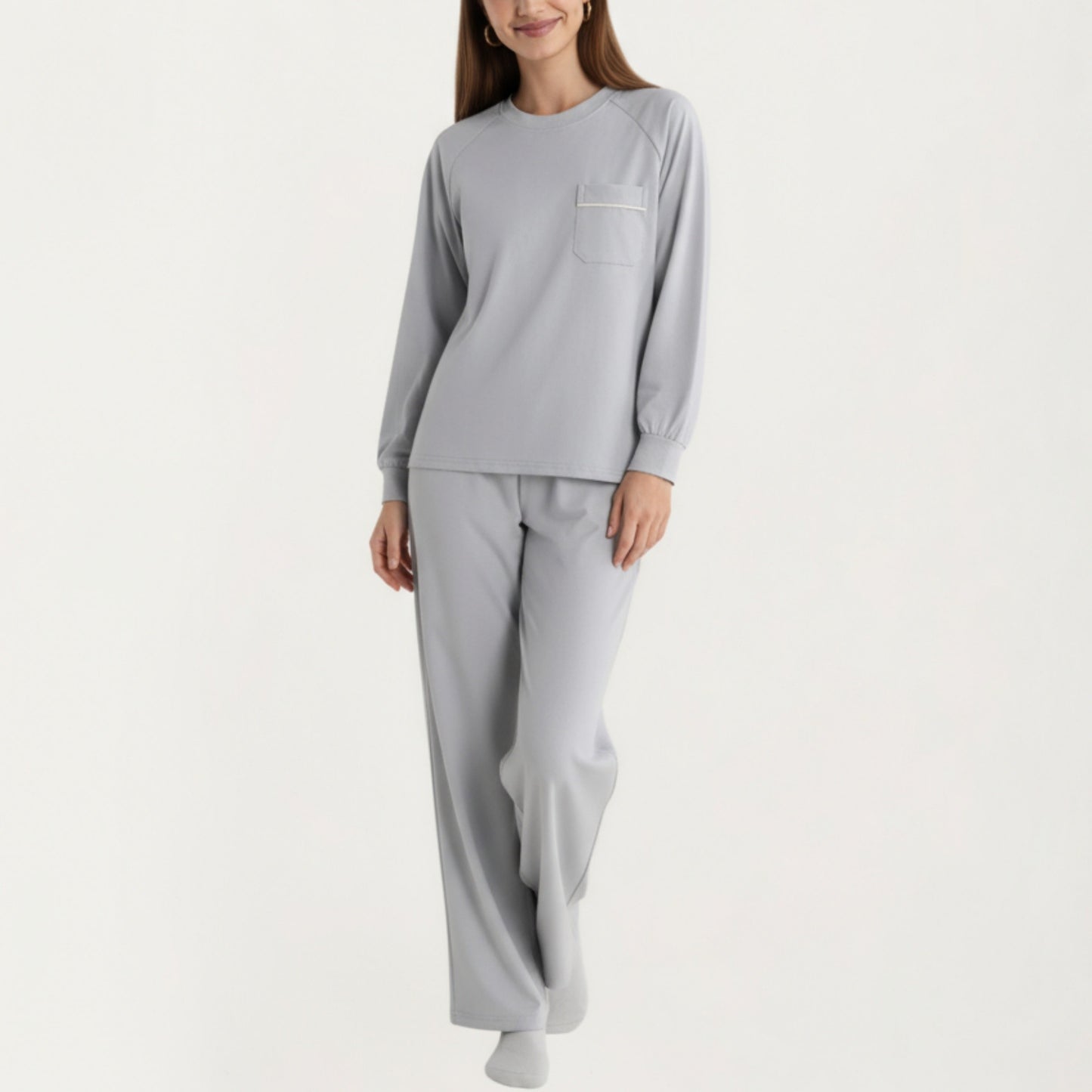 2-Piece Set Long Sleeve Top with Front Pocket and Relaxed Fit Lounge Pants