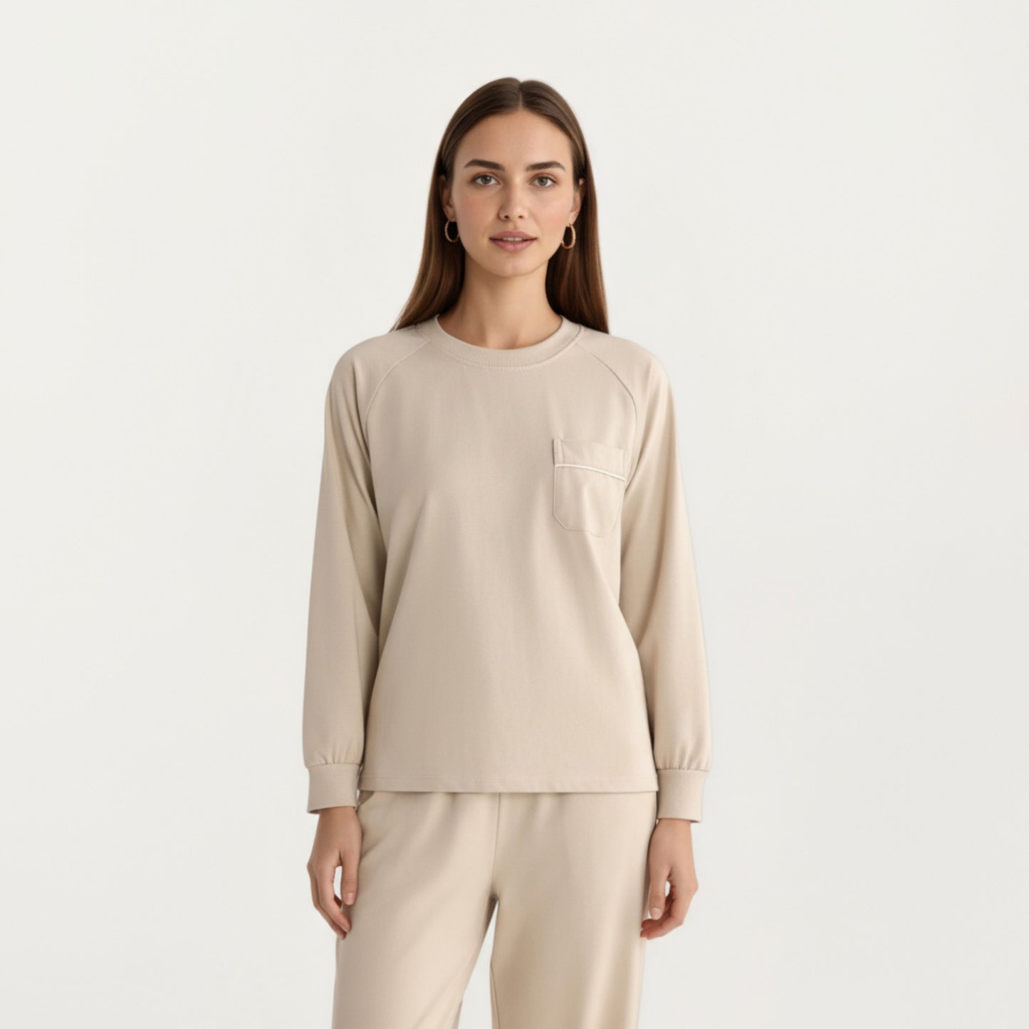 2-Piece Set Long Sleeve Top with Front Pocket and Relaxed Fit Lounge Pants