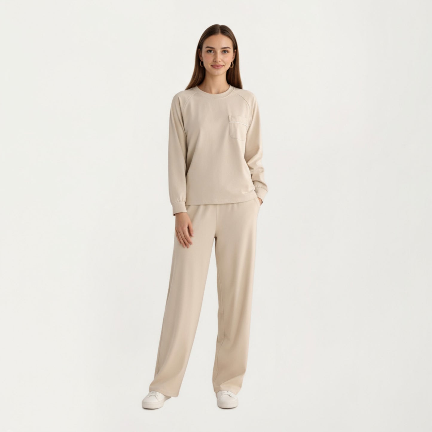2-Piece Set Long Sleeve Top with Front Pocket and Relaxed Fit Lounge Pants