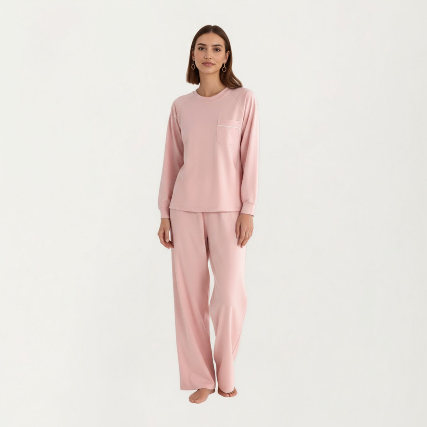 2-Piece Set Long Sleeve Top with Front Pocket and Relaxed Fit Lounge Pants