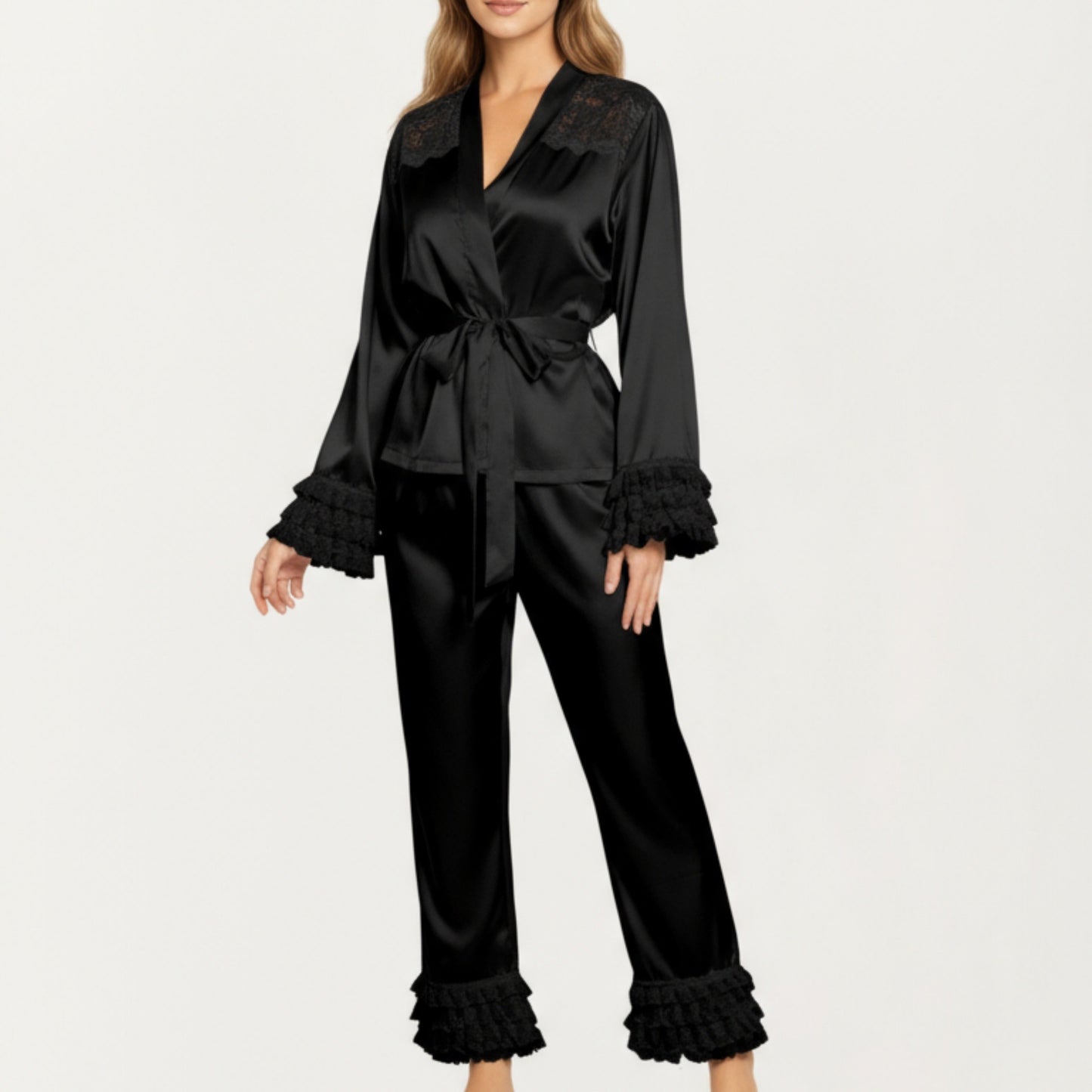 2-Piece Set Satin Lace Trim Long Sleeve Top with Tie Waist and Ruffle Hem Pants