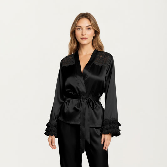 2-Piece Set Satin Lace Trim Long Sleeve Top with Tie Waist and Ruffle Hem Pants