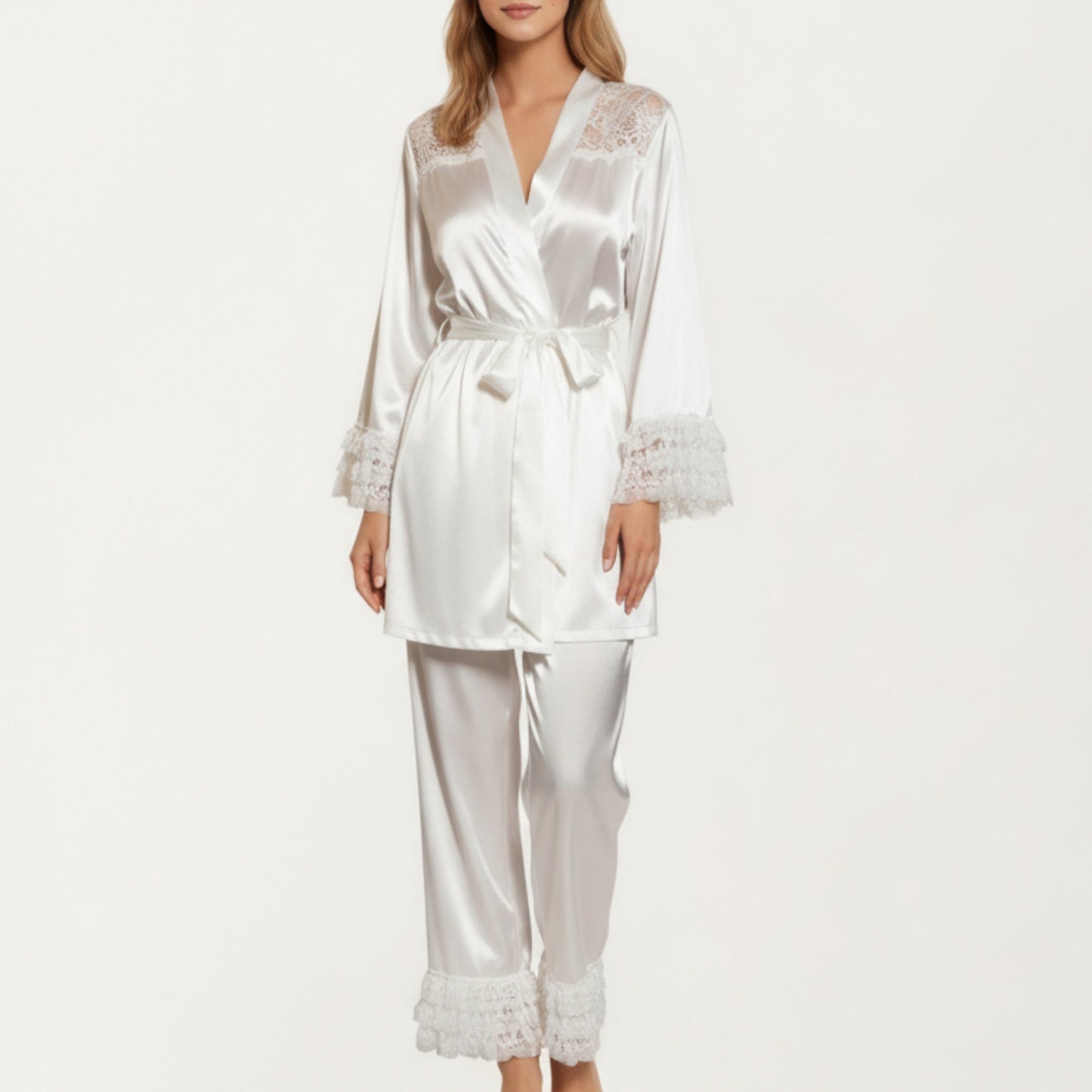 2-Piece Set Satin Lace Trim Long Sleeve Top with Tie Waist and Ruffle Hem Pants