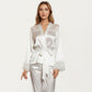 2-Piece Set Satin Lace Trim Long Sleeve Top with Tie Waist and Ruffle Hem Pants