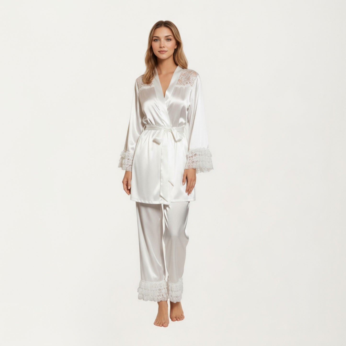 2-Piece Set Satin Lace Trim Long Sleeve Top with Tie Waist and Ruffle Hem Pants