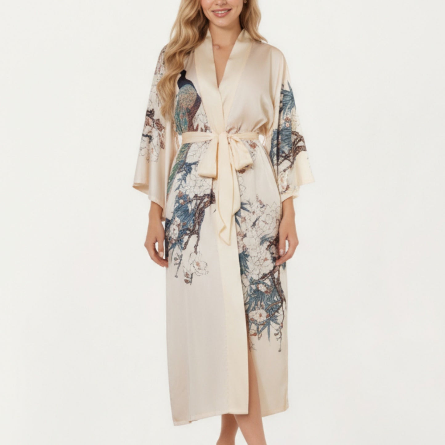 Long Satin Kimono Robe with Tie Waist and Artistic Floral Print
