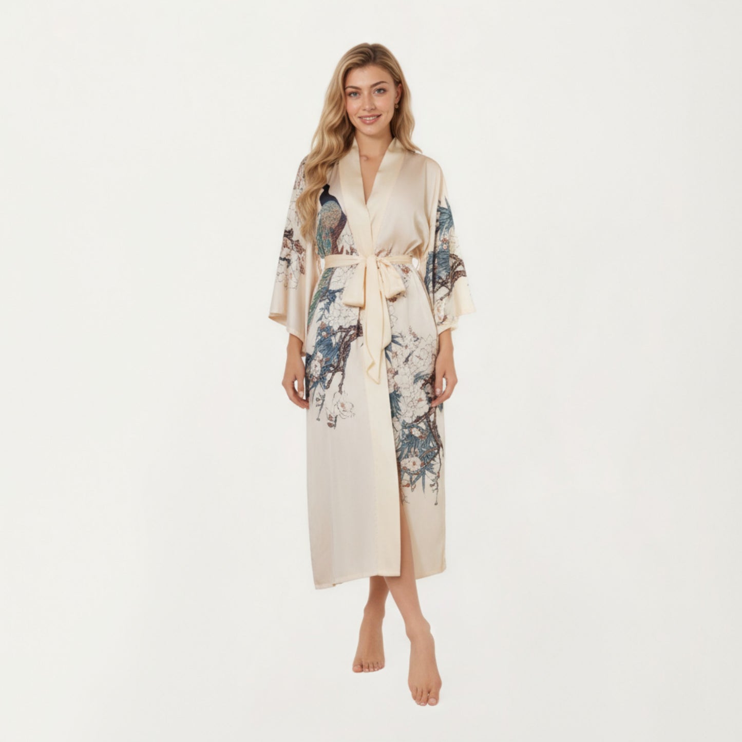 Long Satin Kimono Robe with Tie Waist and Artistic Floral Print