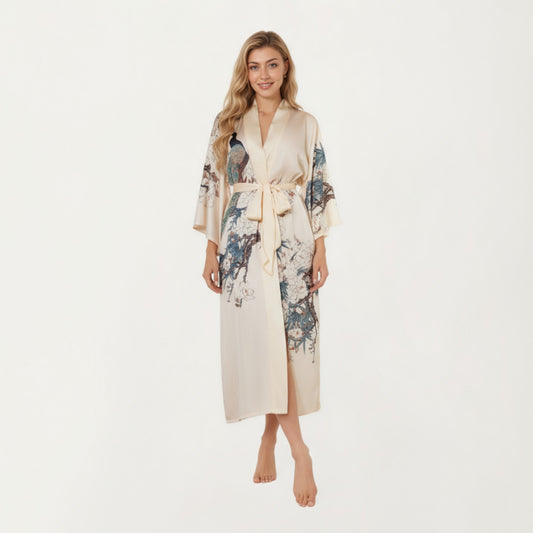 Long Satin Kimono Robe with Tie Waist and Artistic Floral Print