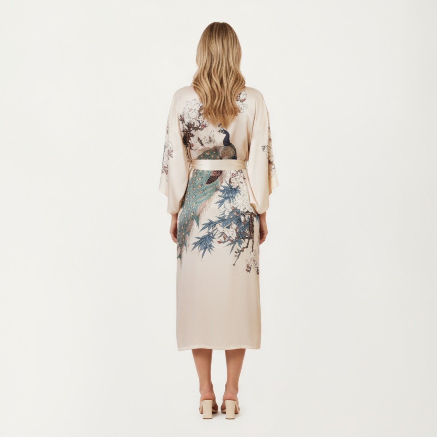 Long Satin Kimono Robe with Tie Waist and Artistic Floral Print