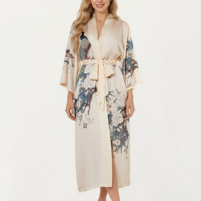 Long Satin Kimono Robe with Tie Waist and Artistic Floral Print